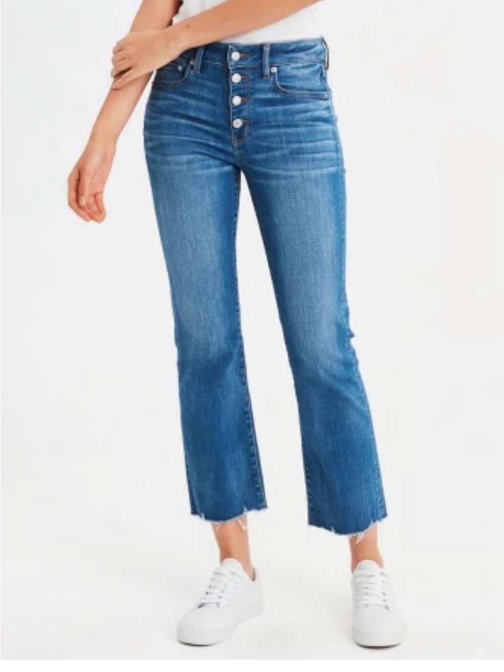 American Eagle Hi Rise Button Fly Crop Flare Jeans Size 2 Blue Raw Hem Stretch